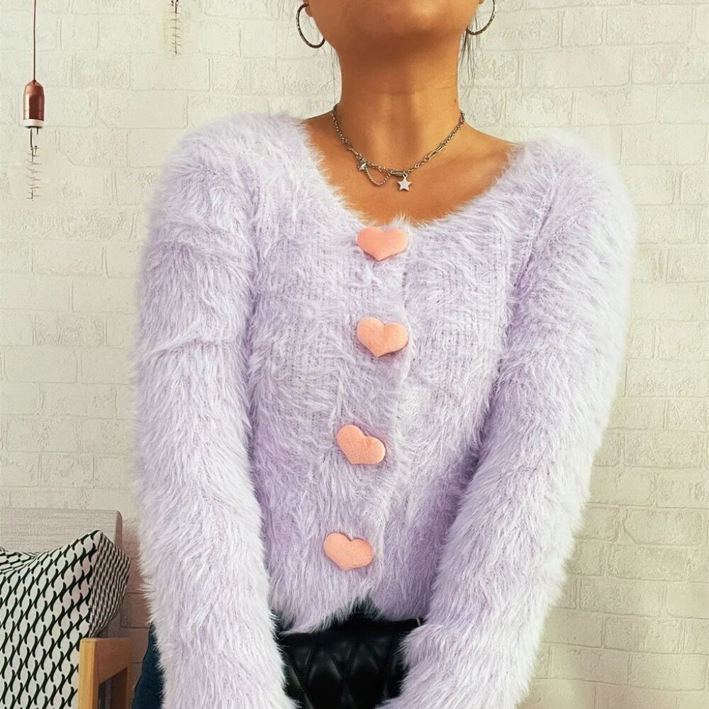 Fuzzy Heart Shape Button-Up Cardigan